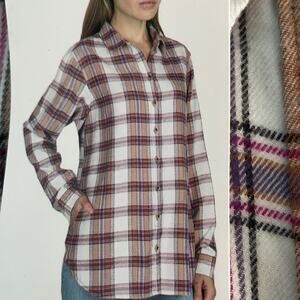 Jachs Girlfriend Flannel Shirt Plaid Button Down Shirt Beige Purple Pink Nwt